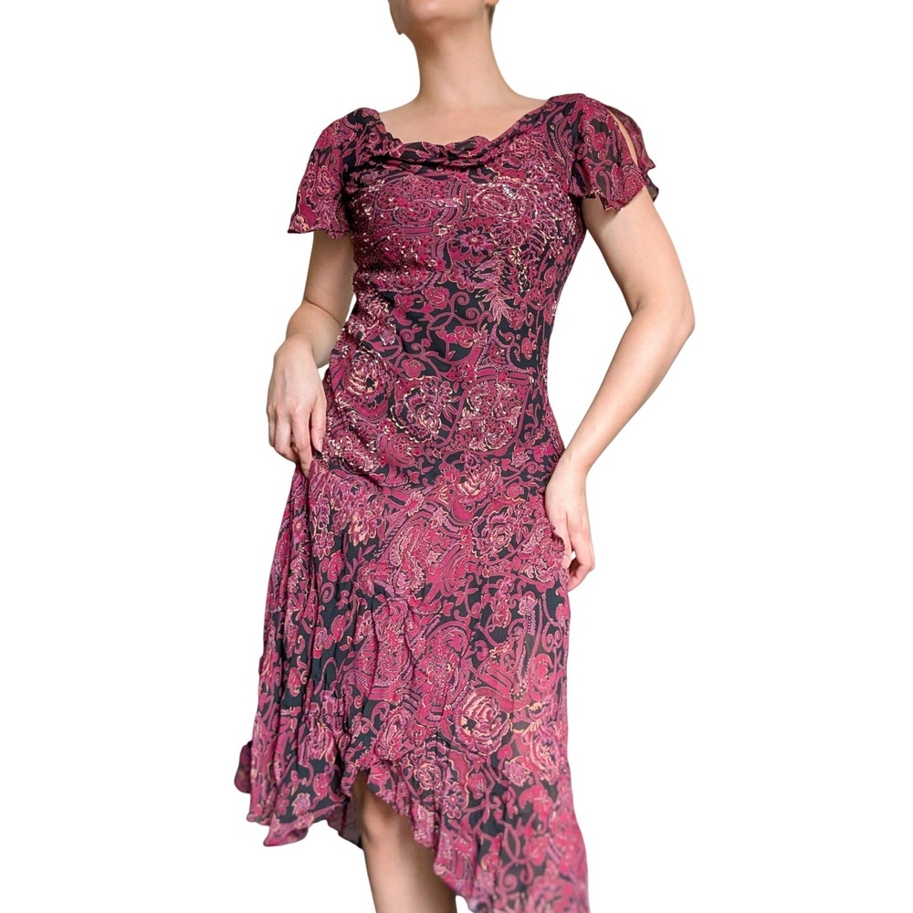 Vintage Y2K Dark Romantic Whimsigoth Burgundy Beaded Floral Midi Dress